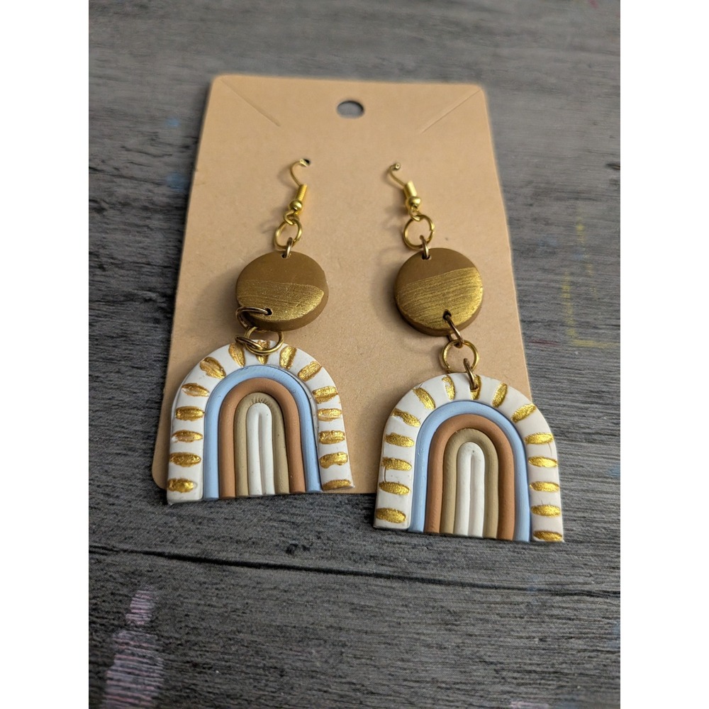 Handmade Polymer Clay Rainbow Arch Dangle Earrings Gold Boho Statement Jewelry